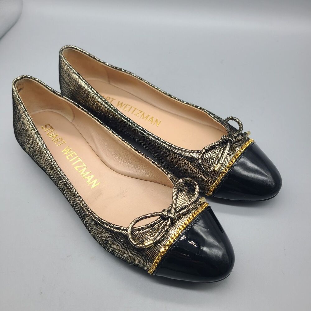 Stuart Weitzman Black and Gold Metallic Ballerina Flats cap toe chain bow sz 8